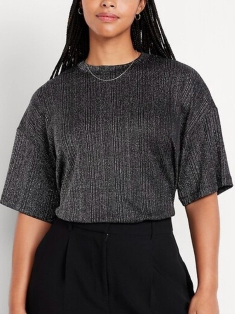 Ribbed Metallic Short-Sleeve Top -Metallic  Black